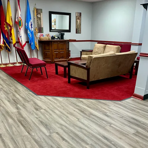 Salvation Army sitting area with red carpets